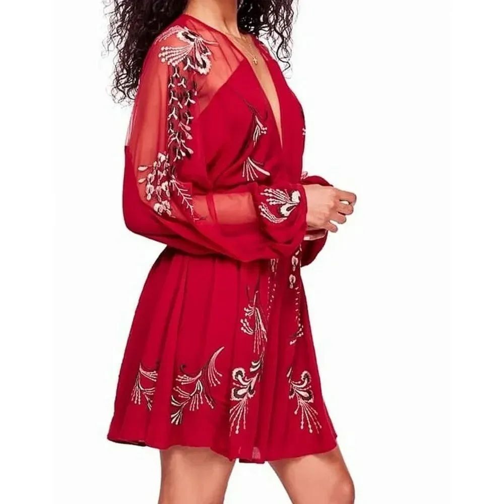 Free People Bonjour Embroidered Red Mesh Mini Dress